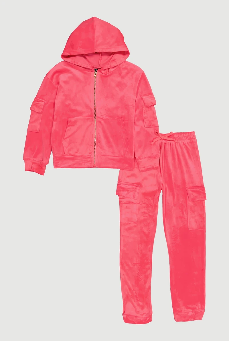 Girls Velour Cargo Pocket Zip Front Hoodie and Joggers Set