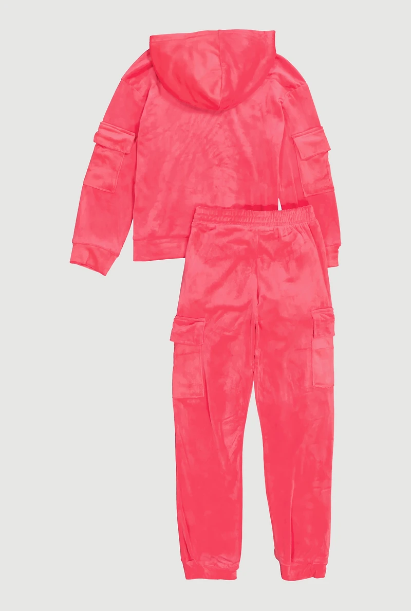 Girls Velour Cargo Pocket Zip Front Hoodie and Joggers Set, Pink, Size 10-12