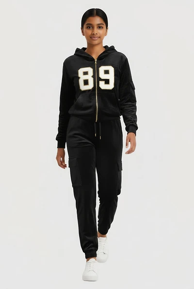 Girls 89 Chenille Patch Zip Up Velour Hoodie and Joggers Set,