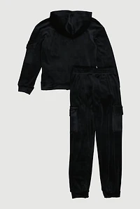 Girls 89 Chenille Patch Zip Up Velour Hoodie and Joggers Set, Black, Size 7-8