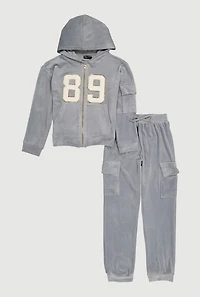 Girls 89 Chenille Patch Zip Up Velour Hoodie and Joggers Set