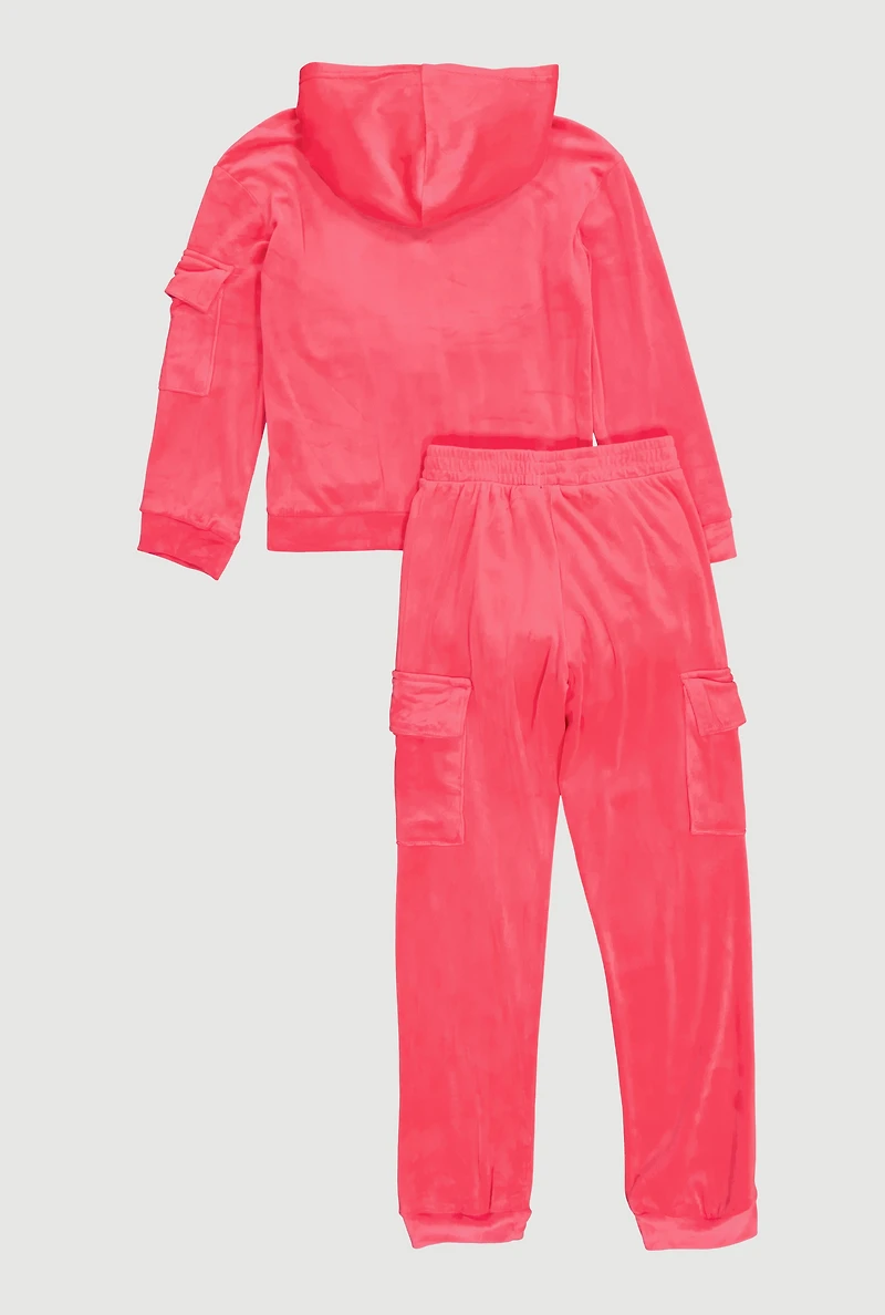 Girls 89 Chenille Patch Zip Up Velour Hoodie and Joggers Set, Pink, Size 10-12