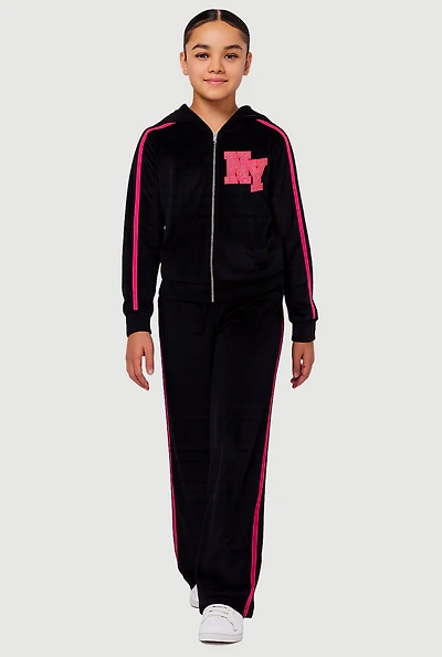 Girls Velour NY Graphic Hoodie and Sweatpants, Black, Size 14-16