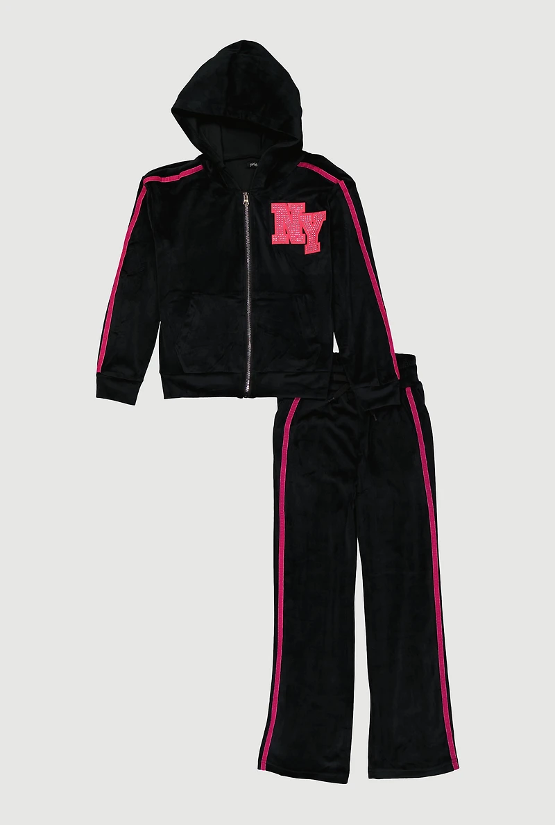 Girls Velour NY Graphic Hoodie and Sweatpants, Black, Size 14-16