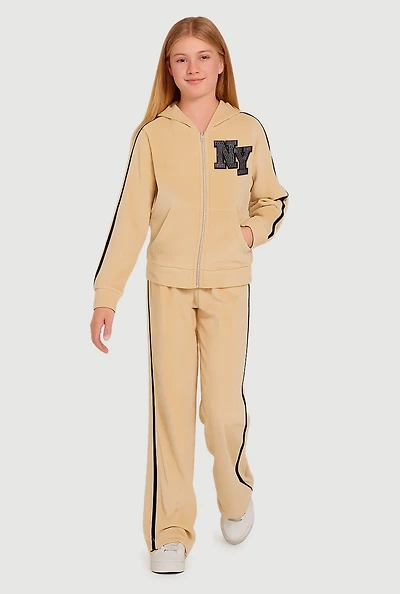 Girls Velour NY Graphic Hoodie and Sweatpants, Beige, Size 10-12