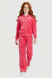 Girls Velour Zip Front Hoodie and Utility Sweatpants