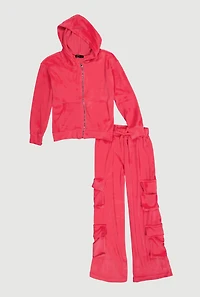 Girls Velour Zip Front Hoodie and Utility Sweatpants, Pink, Size 10-12