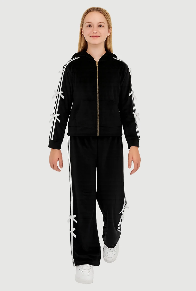 Girls Bow Detail Varsity Striped Velour Hoodie and Track Pants, Black, Size 14-16
