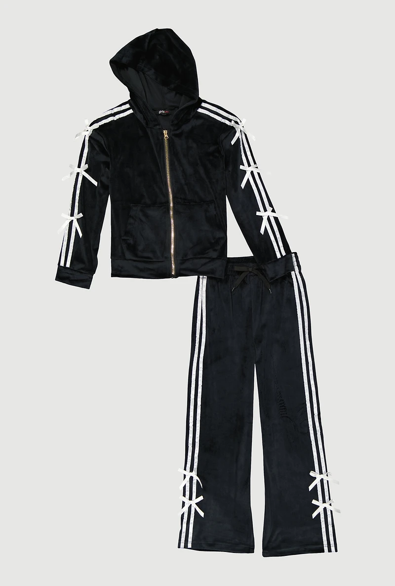 Girls Bow Detail Varsity Striped Velour Hoodie and Track Pants, Black, Size 14-16