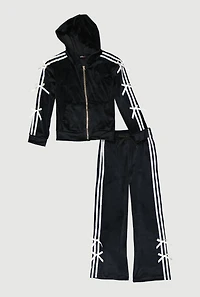 Girls Bow Detail Varsity Striped Velour Hoodie and Track Pants, Black, Size 14-16