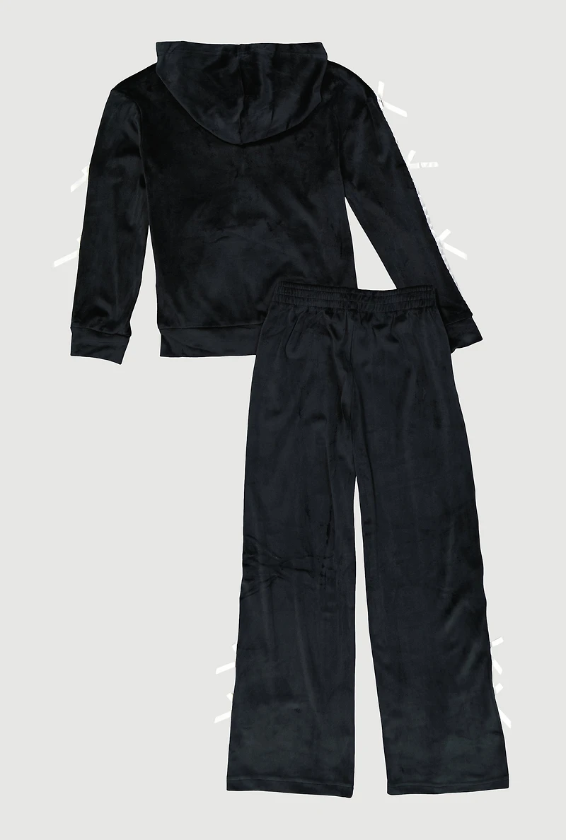 Girls Bow Detail Varsity Striped Velour Hoodie and Track Pants, Black, Size 14-16