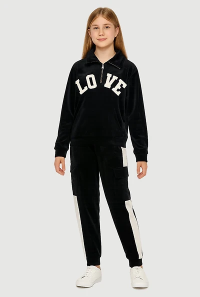Girls Velour Love Graphic Sweatshirt and Cargo Joggers, Black, Size 10-12
