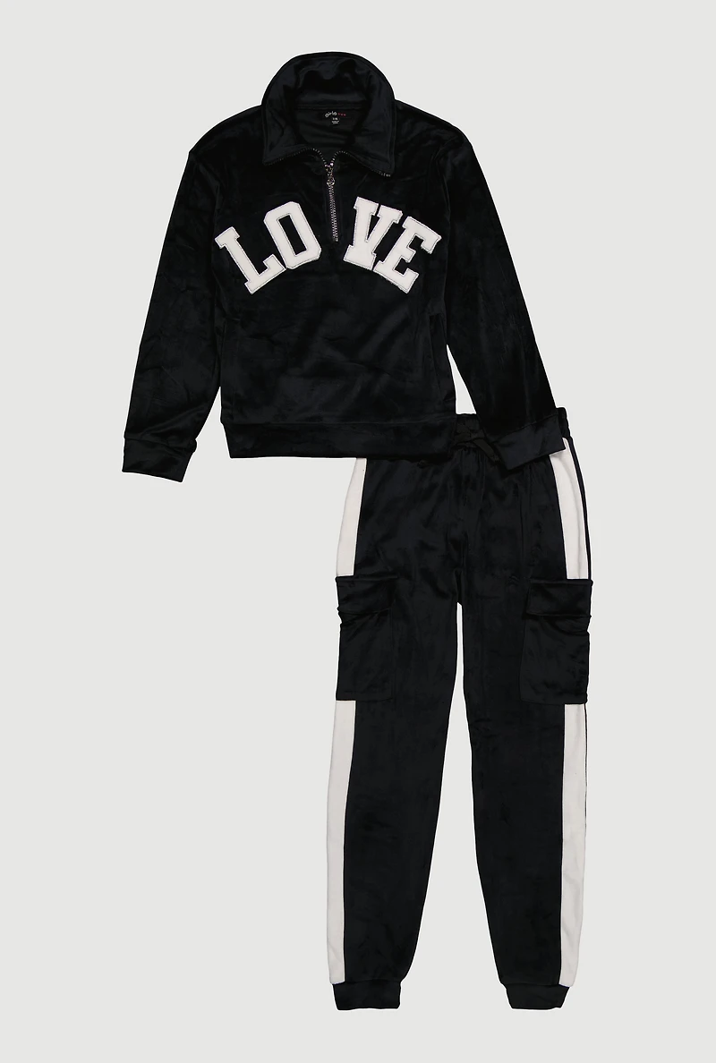Girls Velour Love Graphic Sweatshirt and Cargo Joggers, Black, Size 10-12