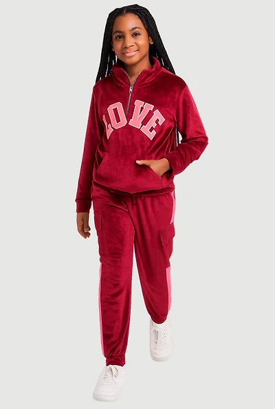 Girls Velour Love Graphic Sweatshirt and Cargo Joggers, Burgundy,