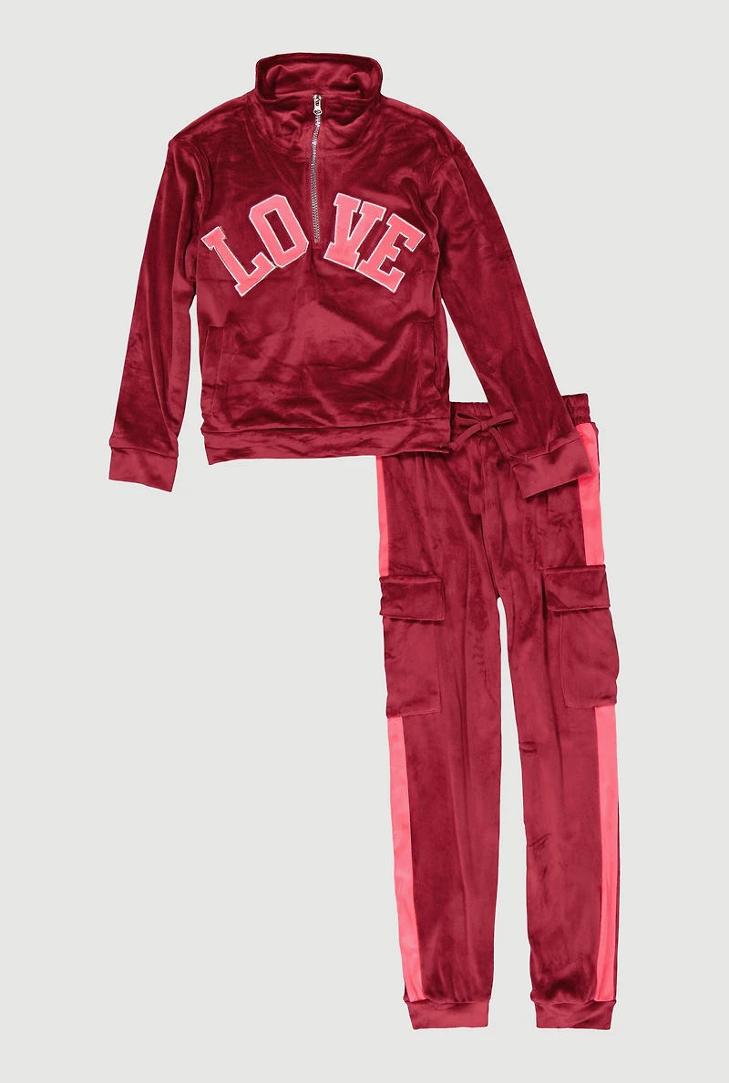 Girls Velour Love Graphic Sweatshirt and Cargo Joggers, Burgundy,