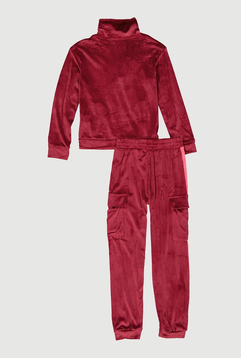 Girls Velour Love Graphic Sweatshirt and Cargo Joggers, Burgundy,