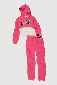 Girls Chicago Graphic Pleated Sweatshirt and Sweatpants with Tank Top, Pink,