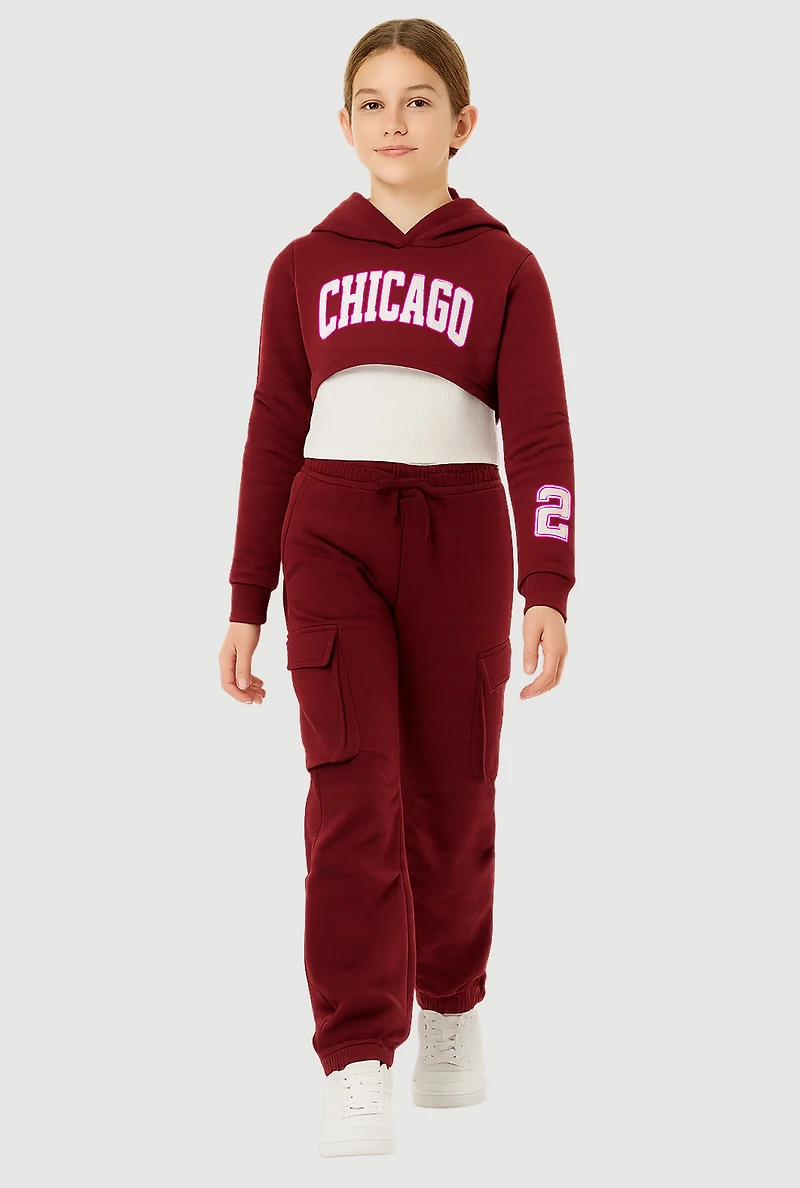 Girls Chicago Graphic Pleated Sweatshirt and Sweatpants with Tank Top, Burgundy, Size 10-12