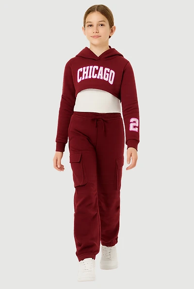 Girls Chicago Graphic Pleated Sweatshirt and Sweatpants with Tank Top, Burgundy, Size 10-12