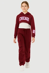 Girls Chicago Graphic Pleated Sweatshirt and Sweatpants with Tank Top, Burgundy, Size 10-12