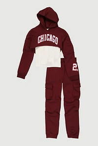 Girls Chicago Graphic Pleated Sweatshirt and Sweatpants with Tank Top, Burgundy, Size 10-12