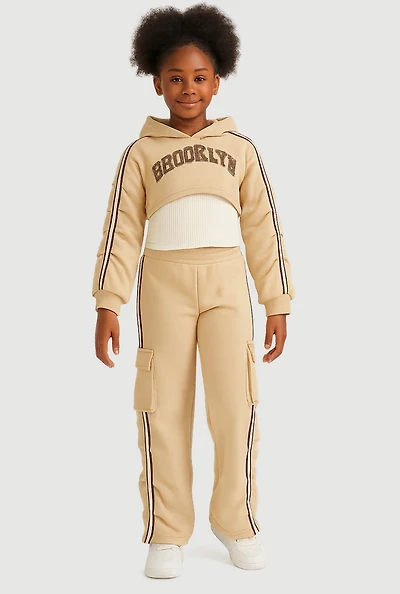 Girls Brooklyn Graphic Hoodie and Tank Top with Sweatpants, Beige, Size 7-8