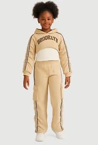 Girls Brooklyn Graphic Hoodie and Tank Top with Sweatpants, Beige, Size 7-8