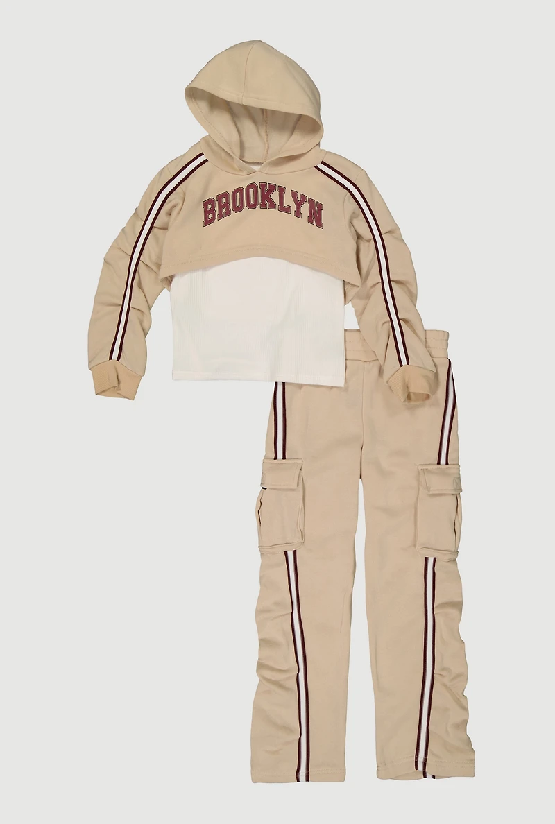 Girls Brooklyn Graphic Hoodie and Tank Top with Sweatpants, Beige, Size 7-8