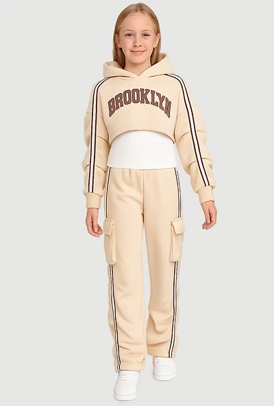 Girls Brooklyn Graphic Hoodie and Tank Top with Sweatpants, Beige, Size 10-12
