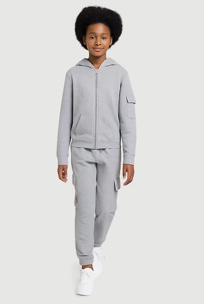 Girls Zip Front Hoodie and Cargo Sweatpants Set, Grey, Size XS