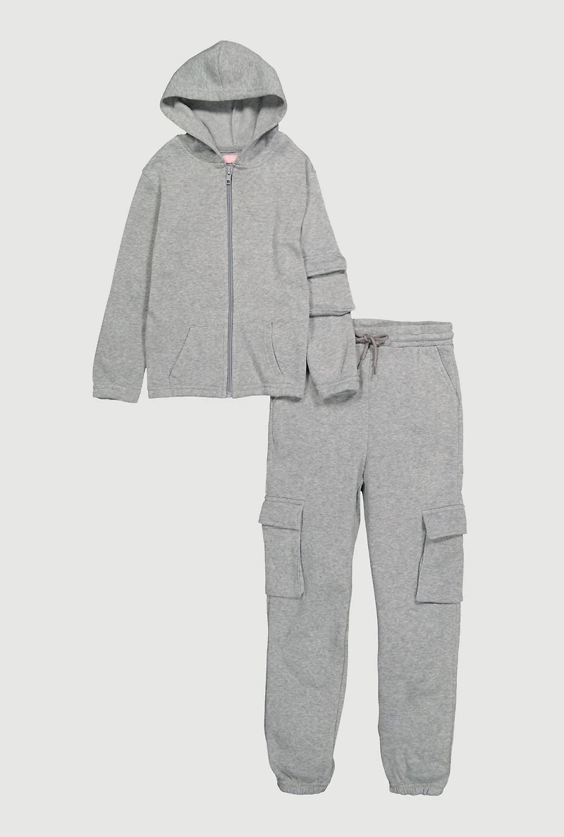 Girls Zip Front Hoodie and Cargo Sweatpants Set, Grey, Size XL