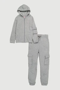 Girls Zip Front Hoodie and Cargo Sweatpants Set, Grey, Size XL