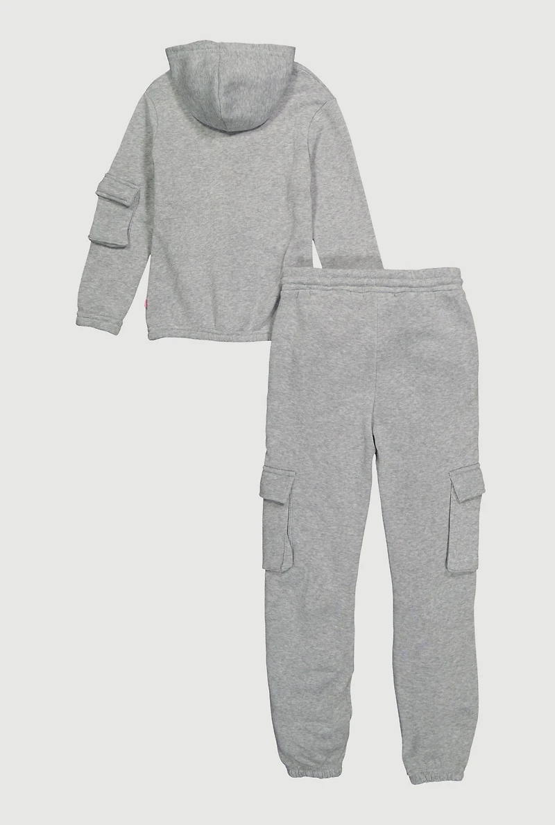 Girls Zip Front Hoodie and Cargo Sweatpants Set, Grey, Size XL