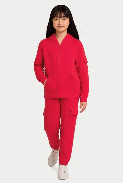 Girls Zip Front Hoodie and Cargo Sweatpants Set, Pink, Size M