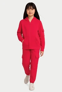 Girls Zip Front Hoodie and Cargo Sweatpants Set, Pink, Size M