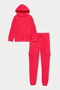 Girls Zip Front Hoodie and Cargo Sweatpants Set, Pink, Size M