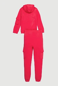 Girls Zip Front Hoodie and Cargo Sweatpants Set, Pink, Size M