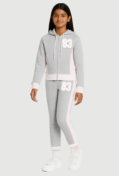 Girls Color Block 83 Graphic Hoodie with Joggers and Socks, Grey, Size S