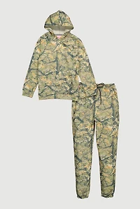 Girls Camo Pullover Hoodie and Sweatpants Set, Green, Size XL