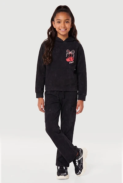 Little Girls Cherry Paris Graphic Acid Wash Hoodie and Cargo Pants