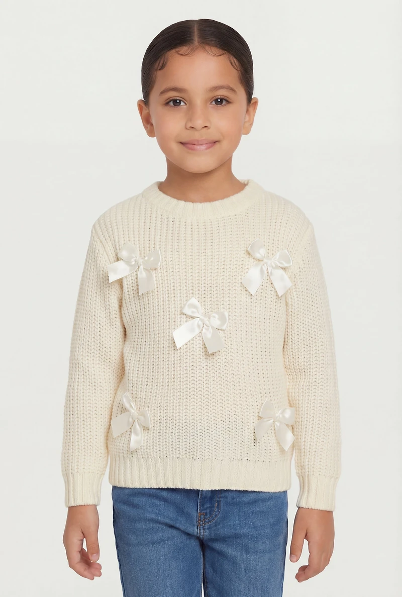 Little Girls Bow Detail Long Sleeve Crew Neck Sweater