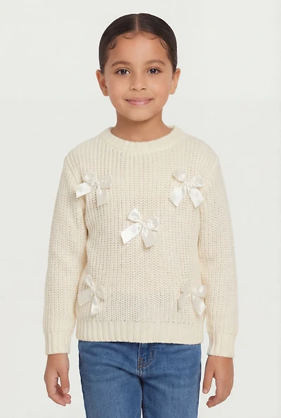 Little Girls Bow Detail Long Sleeve Crew Neck Sweater
