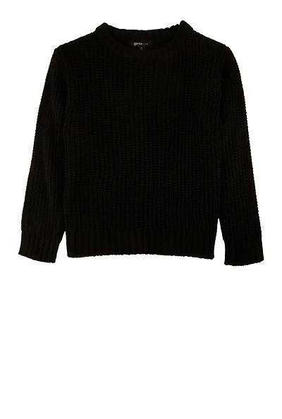Little Girls Knit Crew Neck Pullover Sweater, Black, Size 4