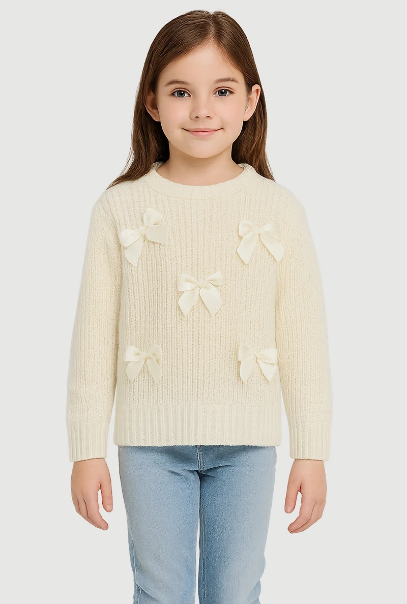 Little Girls Long Sleeve Pullover Sweater with Cute Bows, Beige, Size 4