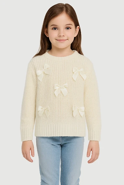 Little Girls Long Sleeve Pullover Sweater with Cute Bows, Beige, Size 4
