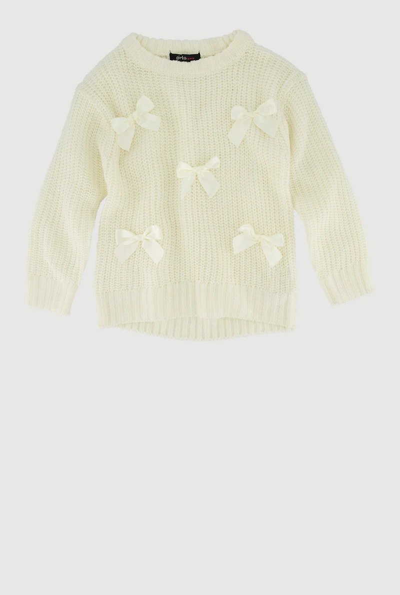 Little Girls Long Sleeve Pullover Sweater with Cute Bows, Beige, Size 4