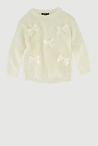 Little Girls Long Sleeve Pullover Sweater with Cute Bows, Beige, Size 4