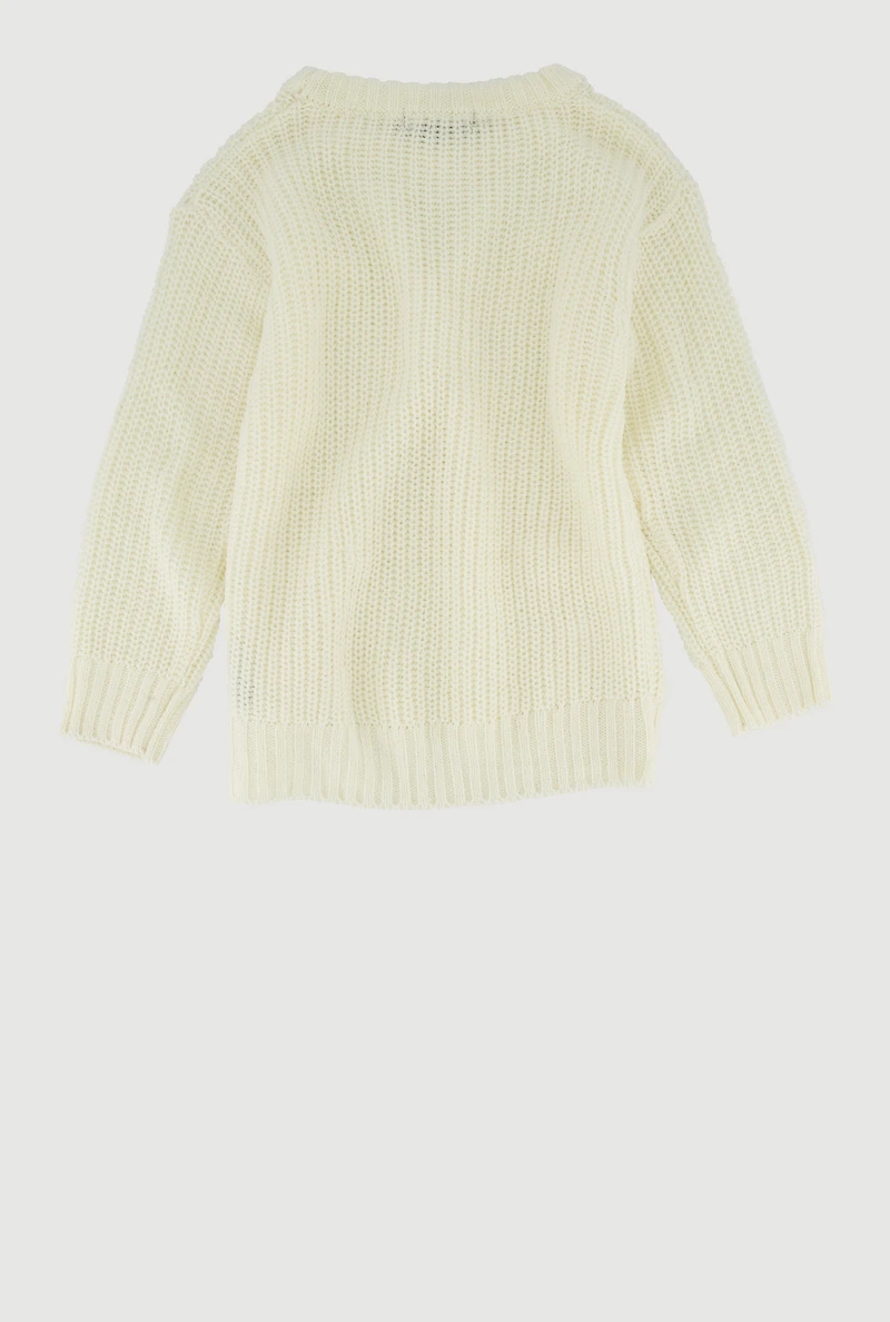 Little Girls Long Sleeve Pullover Sweater with Cute Bows, Beige, Size 4