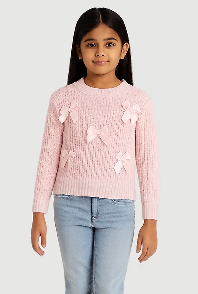 Girls Long Sleeve Pullover Sweater with Cute Bows, Pink, Size 5-6