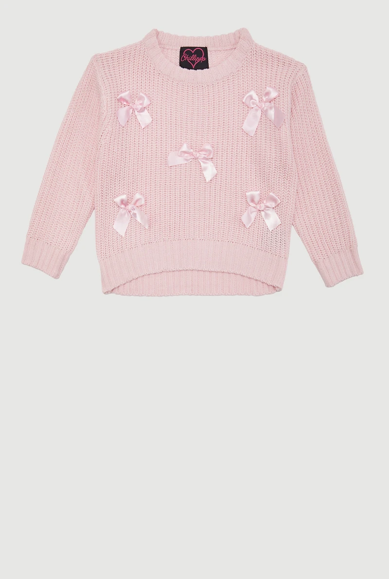 Girls Long Sleeve Pullover Sweater with Cute Bows, Pink, Size 5-6